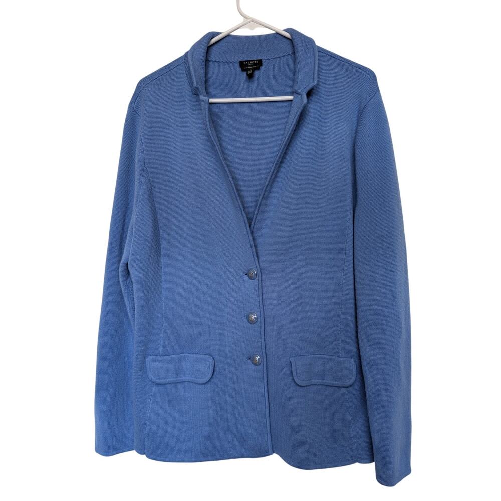 Talbots Womens Blue Merino Wool Knit Sweater Blazer Buttons PXL Classic Office